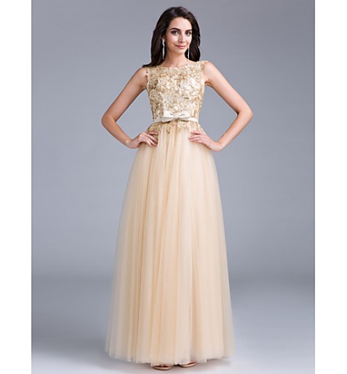 Formal Evening Dress A-line Bateau Floor-length Tulle with Appliques / Beading / Sash / Ribbon  