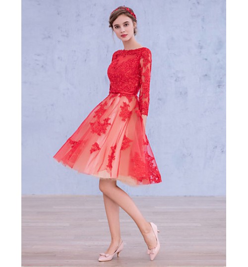 Cocktail Party Dress A-line Bateau Knee-length Satin / Tulle with Appliques / Sash / Ribbon  
