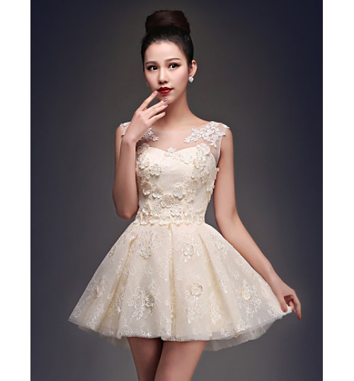 Cocktail Party Dress Princess Scoop Short / Mini Satin / Tulle with Appliques / Lace  