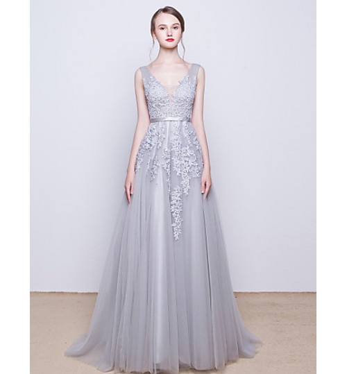 Cocktail Party / Formal Evening Dress A-line V-neck Sweep / Brush Train Tulle with Beading / Lace / Sequins  