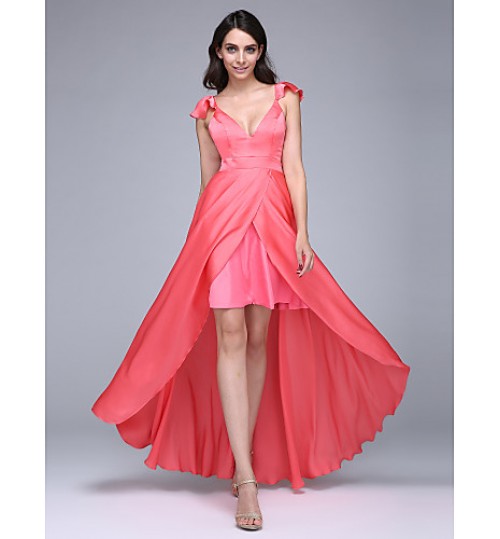 TS Couture? Formal Evening Dress A-line V-neck Asymmetrical Satin Chiffon  