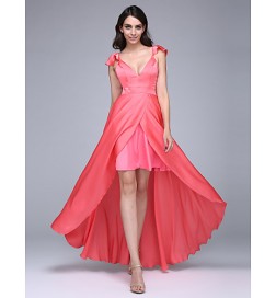 TS Couture? Formal Evening Dress A-line V-neck Asymmetrical Satin Chiffon  
